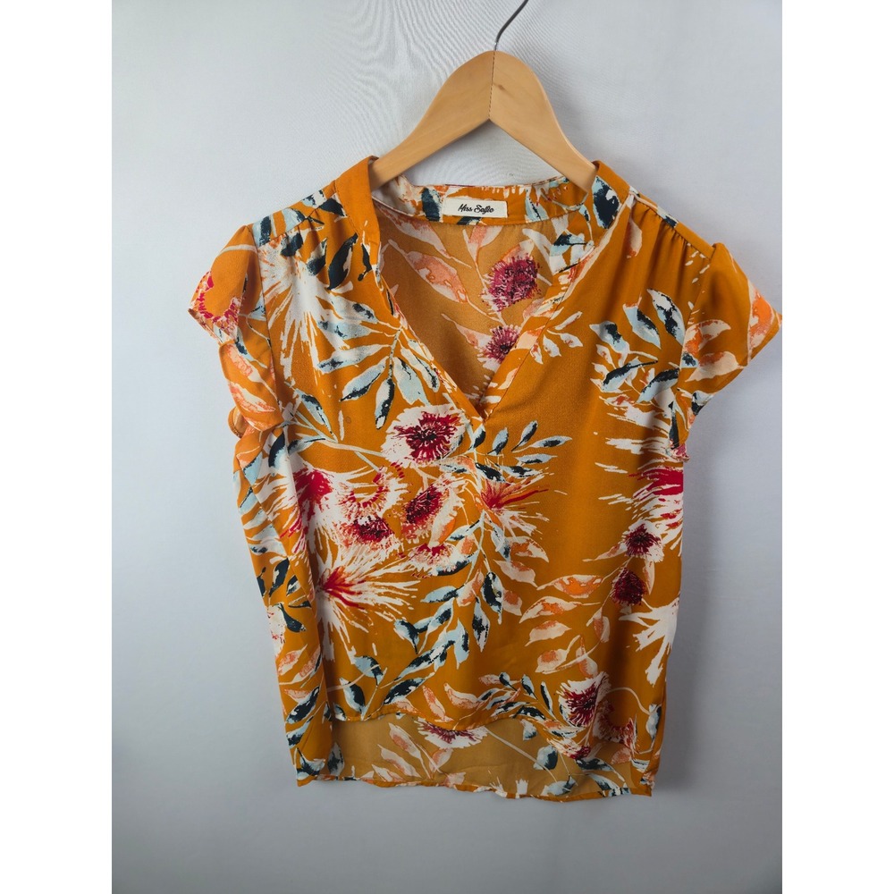 Miss Selfie Floral V-Neck Blouse Mustard Yellow Flutter Sleeve Top Large